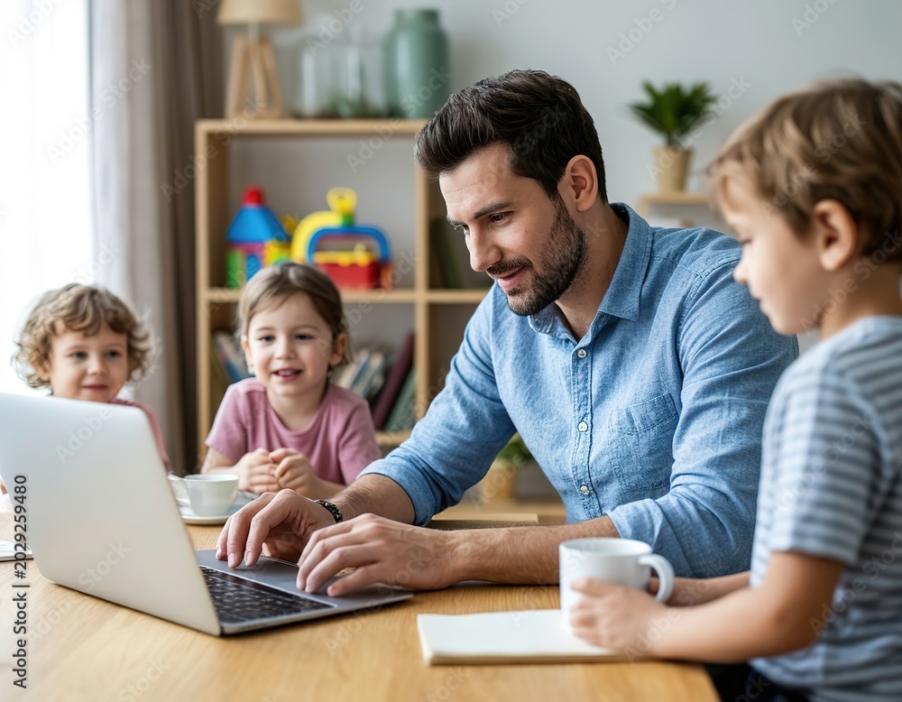 Fototapeta premium A man works at home on a laptop with children playing in the background