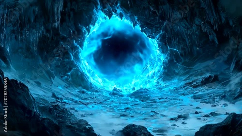 Mysterious Blue Portal in a Dark Cave - A Fantasy Scene.