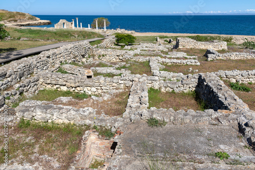The remains of the foundation of an ancient city on the Black Sea coast. Chersonesos, Sevastopol, Crimea