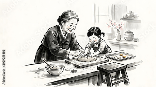 Woman and child making sweets at home kitchen table