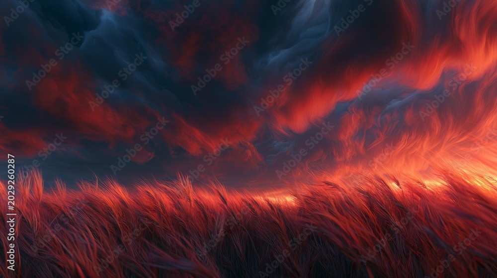Fototapeta premium Dramatic red grassland and backlit meadow at sunset with cinematic sky