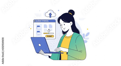 Young woman working on a laptop with cloud storage in the background.