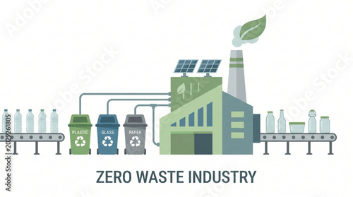 Zero Waste Industry Factory with Recycling Bins and Solar Panels.