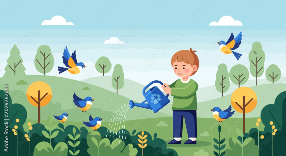 Naklejka premium Boy watering plants in garden with birds