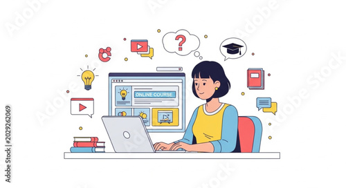 Young woman learning online with laptop and educational icons.
