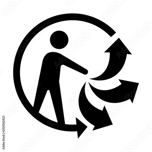 Triman  sign. Triman recycling logo icon. Waste sorting symbol with stick figure and branching recycling arrows. Tidyman symbol with multiple arrows indicating waste sorting and recycling.