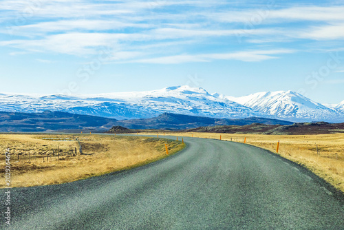 Driving on the road of north east Iceland in spring, vast northern landscape