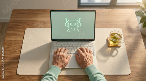 Senior person hands typing on a laptop with an artificial intelligence robot icon on the screen, technology for seniors and digital inclusion concept.