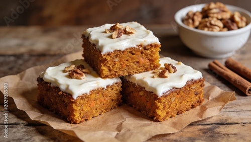 Delicious homemade carrot cake with creamy frosting and walnuts on a rustic wooden background