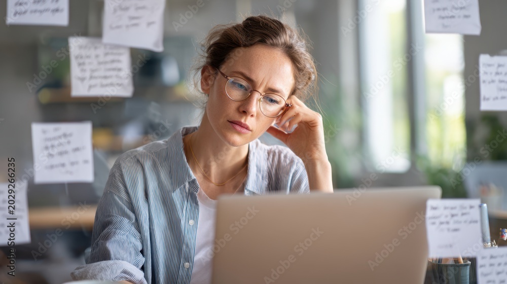 Fototapeta premium Adult woman with ADHD focused on laptop surrounded by floating notes and charts in a modern workspace, illustrating information overload