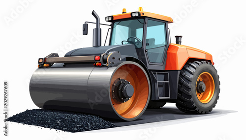 Dynamic semi-3D illustration of a powerful road roller actively compacting fresh asphalt, highlighting modern heavy construction machinery for paving new infrastructure projects