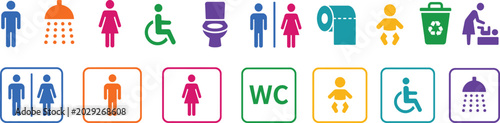 Public Restroom and Bathroom Sign Icons Set, Colorful WC Gender Symbols Pack, Flat Vector Washroom Shower and Baby Changing Station Indicators Isolated on White Background