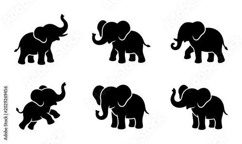 Foto Set of Six Silhouette Elephant Icons, Simple Vector Graphics for Wildlife and Sa