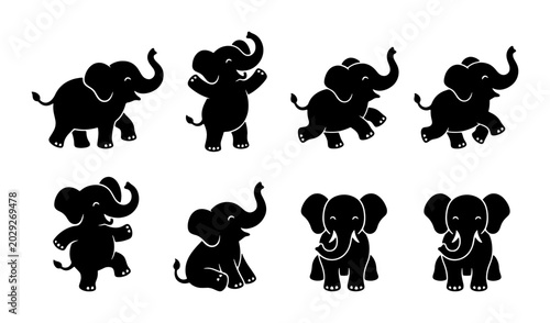 Photos Set of 8 Black Elephant Silhouettes, Cute Cartoon Animal Poses, Vector Graphics