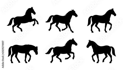 Schilderij op canvas Six Silhouette Horse Poses, Equine Vector Graphics, Animal Silhouettes for Eques
