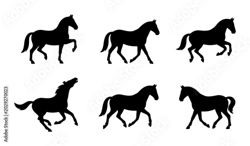 Foto Six Silhouette Horse Vector Icons, Galloping Equine Animal Graphics, Dynamic Hor