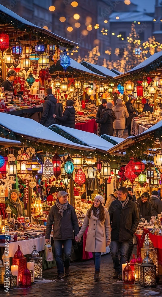 Obraz premium People walking through a festive European Christmas market at twilight.