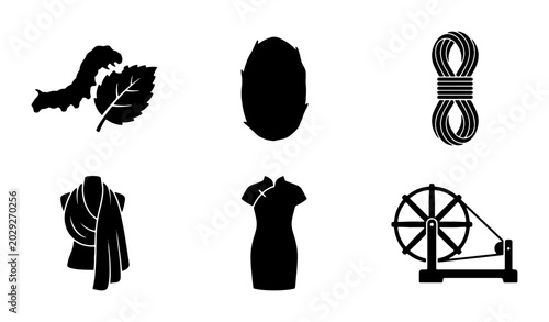 Photos Silk Production Icons: Silkworms, Cocoon, Rope, Fabric, Cheongsam Dress, Spinnin