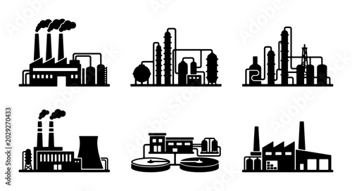 Photos Industrial Factory Icons Set, Manufacturing Plant Silhouettes, Chemical Refinery