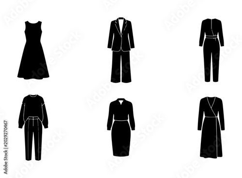Φωτογραφία Black Silhouette Fashion Outfits, Vector Icons for Women's Clothing Collection,
