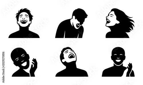 Εκτύπωση καμβά Joyful Laughter Silhouettes, Expressive Faces Collection, Human Emotion Icons, B