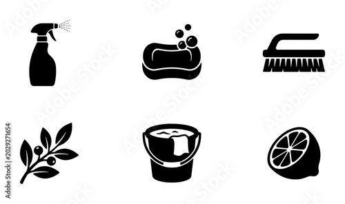 Foto Cleaning Supplies Icons Set: Spray Bottle, Bar Soap, Brush, Lemon, Bucket, Branch