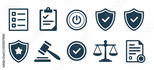 Photography Law and order icon set featuring shields and checkmarks for justice, legal protection, and compliance concepts