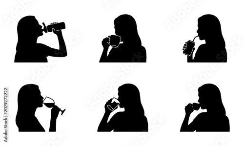 Tableau sur toile Woman Drinking Silhouette Collection: Refreshment, Hydration, Beverage Enjoyment