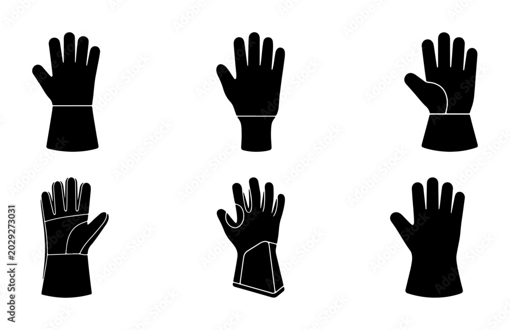 Obraz premium Black Silhouette Gloves Vector Icons, Protective Handwear Set, Safety Mittens and Work Gloves Collection, Industrial and Household Hand Protection