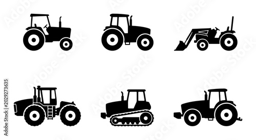 Quadro su tela Tractor Icons Set, Agricultural Machinery Silhouettes, Farm Vehicle Vector Graph