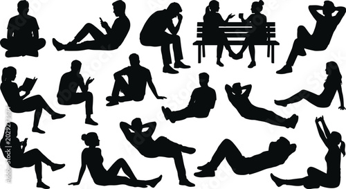 Tableau sur toile Collection of sitting and lying people silhouettes featuring men and women relax