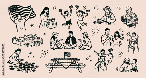 Foto Family gathering picnic park, weekend lifestyle fun sketch, minimalist people ou