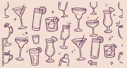 Foto Elegant cocktail drink glassware, luxury bar menu sketch, minimalist drink servi