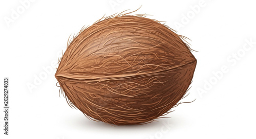 Foto Whole brown coconut with fibrous husk isolated on white.