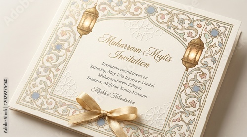 Elegant Muharram Majlis Invitation Card Featuring Islamic Geometric Patterns and Traditional Lanterns Adorned with a Golden Ribbon