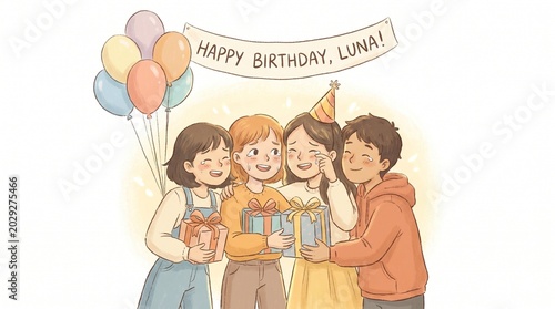 Happy birthday illustration featuring four friends holding presents and balloons with a birthday banner