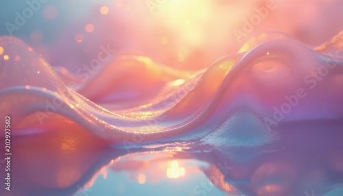 Soft flowing pastel waves shimmer with light reflections. Smooth abstract texture creates dreamy background with copy space. Gentle curves evoke calm serene mood.