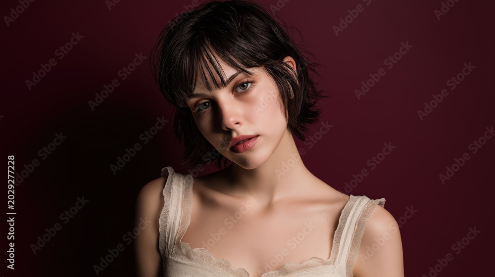 Naklejka premium Dark Textured Bixie Haircut on Burgundy Background