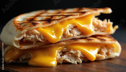 Warm chicken quesadilla stuffed with pulled meat and melted cheese. Grilled tortilla folded over chicken filling. Delicious cheesy tex-mex food.