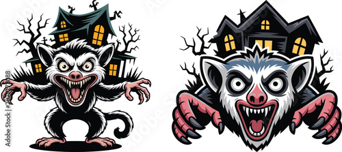 Creepy monstrous rat creature with sharp claws and fangs in front of haunted house illustration, scary halloween monster art, frightening cartoon style.