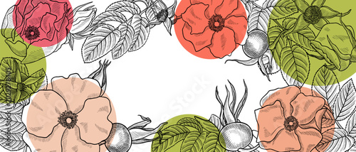 Εκτύπωση καμβά vector vintage drawing template with wild rose flowers, and color elements at wh