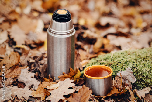 Canvas Print Metal thermos and cup filled with tea stand on ground covered in autumn leaves and moss
