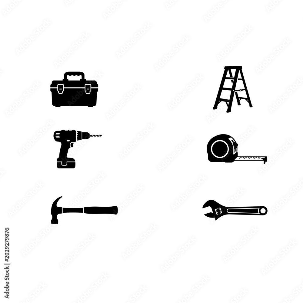 Naklejka premium Construction tools icon set, silhouette, white background