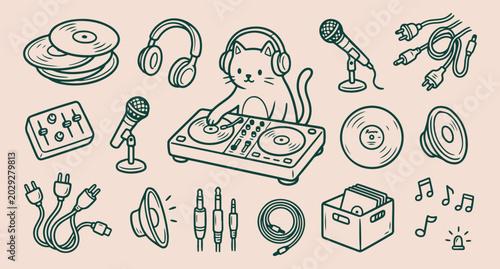 Obraz na plátně Music hobby collection, DJ equipment icons, minimalist sound set, hand drawn mus
