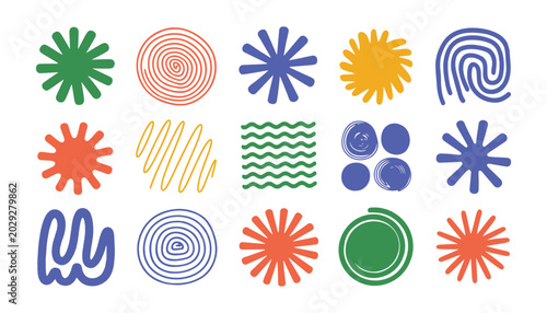 Colorful abstract vector shapes collection spirals waves and starbursts for graphic design