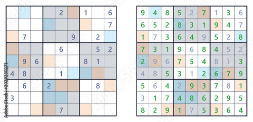Photos Sudoku puzzle grids showing empty and completed solutions for gameplay