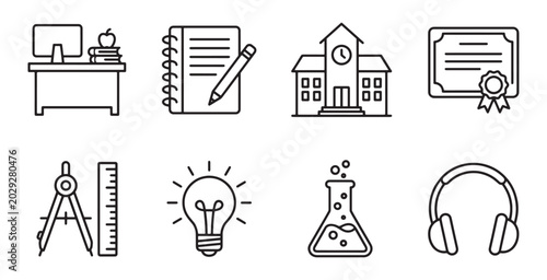 Photos Education and school line icons for academic learning and study development