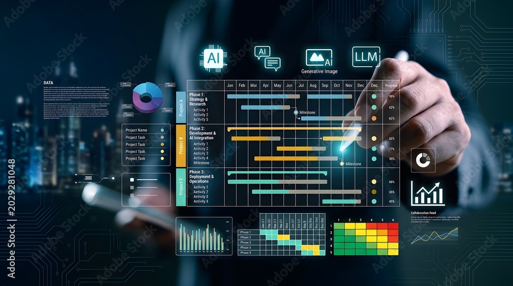 Fototapeta premium Person interacting with futuristic digital interface displaying data charts and graphs at night