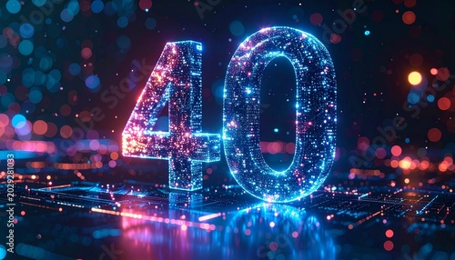 Glowing blue number forty made of sparkling particles on a dark background with colorful lights
