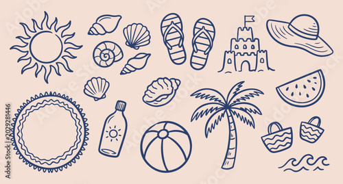 Photos beach summer pattern, tropical vacation icons, ocean sea shells, flip flop sand,